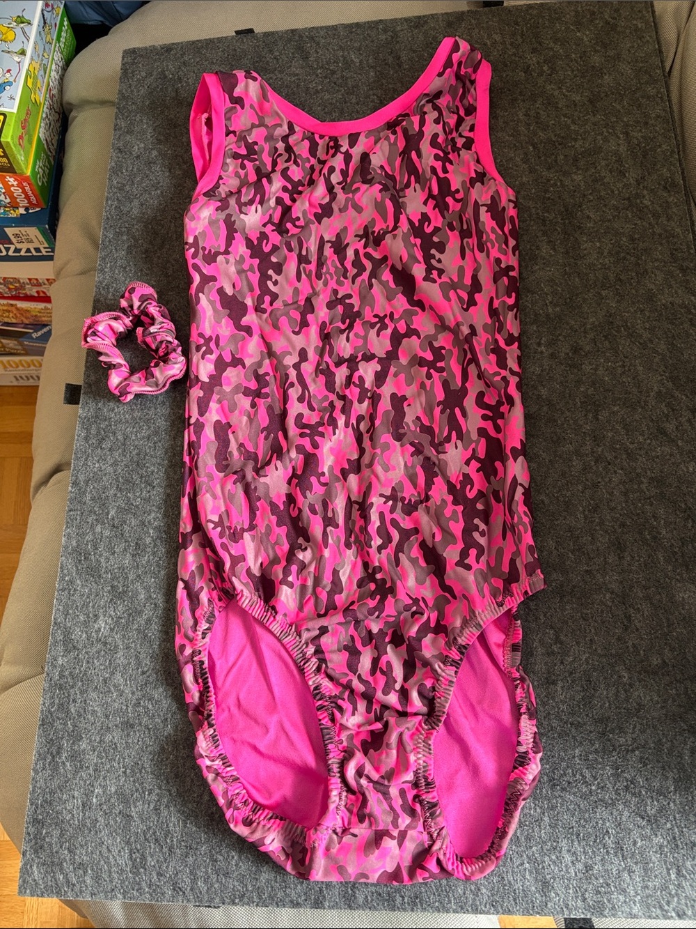 Girls Pink Camouflage One-Piece Gymnastics Suit with Scrunchie